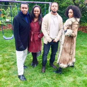 Eric Myrick II Tequilla Whitfield Romeo Miller and Chelsea Tavarese on set of The Royal Christmas for TvOne