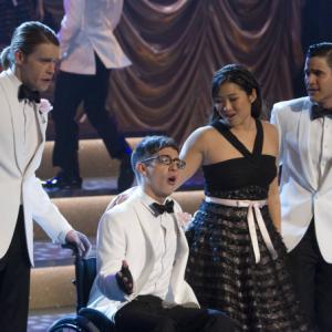 Still of Darren Criss, Kevin McHale, Jenna Ushkowitz and Chord Overstreet in Glee (2009)