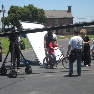 Brenden Miranda getting ready to shoot a scene on a bike in Brad Paisleys Music video Welcome to the Future