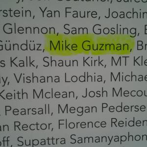 Mike Guzmans name in the Thanks in the beginning of the Hardcover Book Caffeinated Toothpaste Volume 2