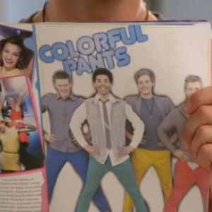 Nathan (far left) on BIg Time Rush in boy-band Colorful Pants