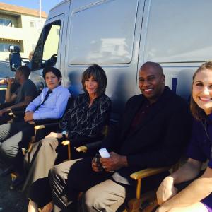 Maurice Hall Justin Hires John Foo Wendie Malick and Caitlin Knisley on set of CBSs Rush Hour