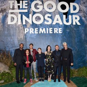 Sam Elliott, Anna Paquin, A.J. Buckley, Jeffrey Wright, Raymond Ochoa, Jack Bright and Marcus Scribner at event of The Good Dinosaur (2015)