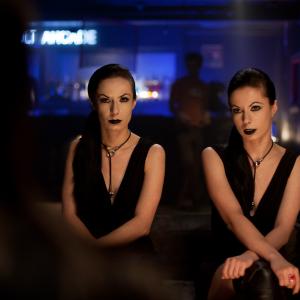 Sylvia right with her twin sister Jen left as the Demon Twins of Berlin on the set of American Mary