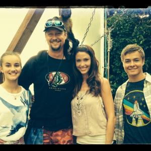 Shelby Lyon on the set of Gibby with Tom Crystal the monkey Shannon Elizabeth and Peyton Meyer