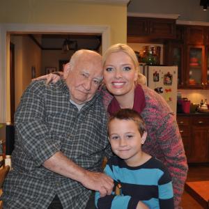 Ed Asner, Melissa Peterman, and Cameron Castaneda on the set of Working Class.