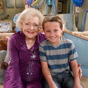 Betty White and Cameron Castaneda on the set of Hot in Cleveland
