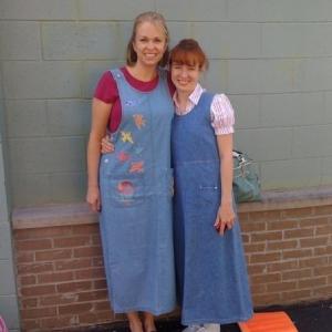 Actors Heather Del Rio and Wendy Zavaleta show off their jean jumpers as they prepare to shoot a scene in Paradise Recovered.