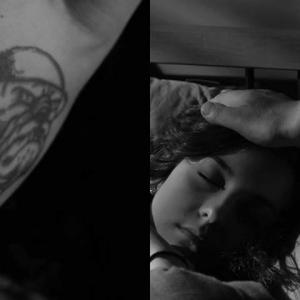 Louis Mandylor's USMC tattoo and still of Emily Stranges in the movie Tension(s)