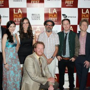 Front Director Todd Berger LR Actors Kevin MBrennan Laura Adkin Jesse Draper David Cross Blaise Miller Jeff Grace and Erinn Hayes attend Its A Disaster at the Los Angeles Film Festival at Regal Cinemas LA Live on June 202