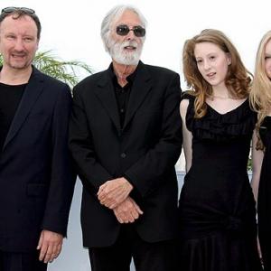 Rainer Bock, director Michael Haneke, Roxane Duran and Maria Dragus at the Cannes Film Festival 2009 for 