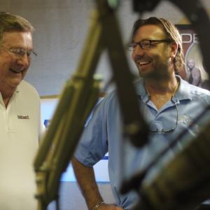 Producer Wm. Wade Smith with legendary Coach Joe B Hall inside the Z-Rock Radio Station in Lexington, Kentucky. Filming Red v Blue