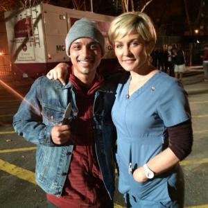 Joshua Rivera  Amy Carlson on set Blue Bloods2014
