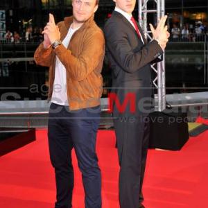 Martin Stange left and Patrick Mlleken right attend the world premiere of the film Hitman Agent 47 at Sony Center on August 19 2015 in Berlin Germany