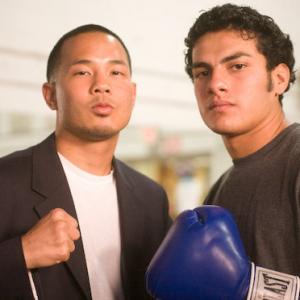 2008 Olympic boxer Walter Sarnoi posing with cast mate Jose Luis Casillas on the set of film short Beyond the Ropes