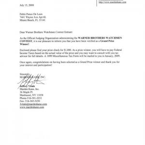 Letter stating that my video was chosen as Grand Prize winner of the Warner Brothers Watchmen Contest