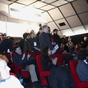 Filmmakers stand to applause at the opening sample screenings at the ECU European Independent Film Festival 2010 in partnership with GTechnology by Hitachi