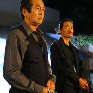 Actors Toshi Toda and Koji Wada behind the scene on the movie Delivered. Directed by Michael Madison and Linda Nelson.