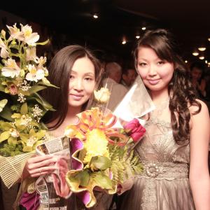 Marina Kunarova and Yesseniya Abenova her daughter on a release of the film Reverse Side 2009 Astana Kazakhstan