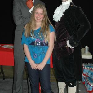 Kaitlin Morgan on the set of Funny or Die Political spoof Potus with the devil and Thomas Jefferson