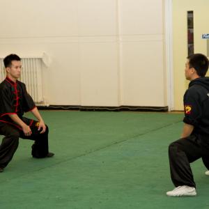 Training Wushu kung fu Horse Stance technique with Master