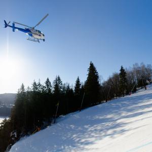Pegasus Helicopter on aerial mission on Kvitfjell Alpine Center Norway. Filming World Cup winner Aksel Lund Svindal, for Antimedia