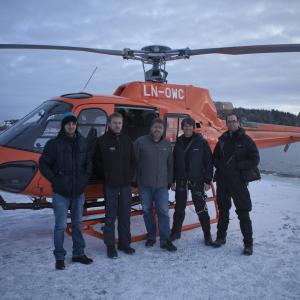 BBC´s heli crew in Norway: Cineflex operator Espen Gjelsten, pilot Tor Age Berglid, Cineflex operator & coordinator Leif Johan Holand, Presenter Brian Cox and Director Chris Holt