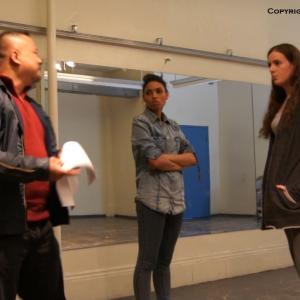 Director Joseph Villapaz with Gabrielle Ryan and Jenna Conroy during rehearsals.