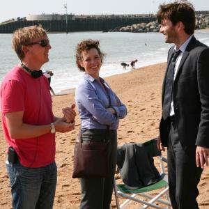 James Strong on the set of Broadchurch with Olivia Colman and David Tennant