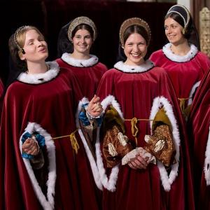 Hannah Steele with Kate Phillips and Charity Wakefield on the set of Wolf Hall