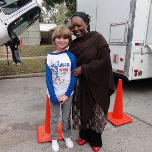 Greyson Moore with L Scott Caldwell on the set of The Lamp