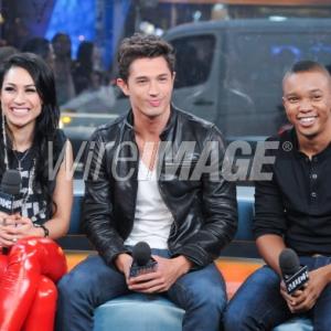 TORONTO ON  JANUARY 10 LR Actors Cassie Steele Joe Dinicol and Benjamin Charles Watson from LA Complex cast visit NEWMUSICLIVE at MuchMusic HQ on January 10 2012 in Toronto Canada Photo by George PimentelWireImage