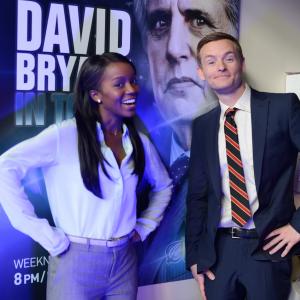 Still of Christopher Masterson and Aja Naomi King in Onion News Empire 2013