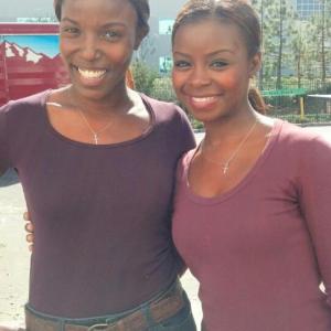 Janeshia AdamsGinyard and Erica Tazel on set of JUSTIFIED to stunt double Rachel Erica Tazel