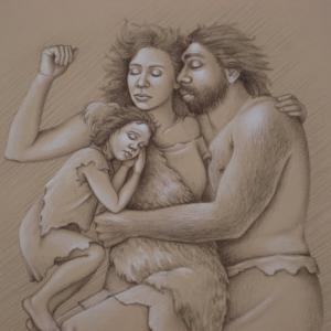 conte/charcoal neanderthal family portrait for 