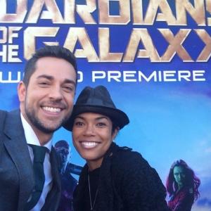 Actress Parris Franz Fluellen and actor Zachary Levi on the red carpet for Guardians of The Galaxy movie premiere in Hollywood at the Dolby Theatre