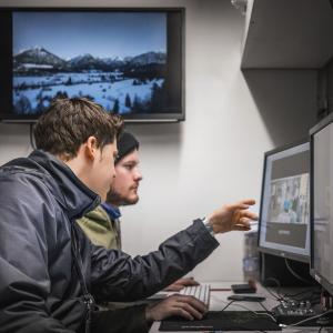 Lab Operator Riccardo Bacigalupo syncs rushes alongside Lab Supervisor Simon Chubbock on EDDIE THE EAGLE