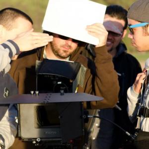 Director Clark Birchmeier checking the shot, just before sunset.