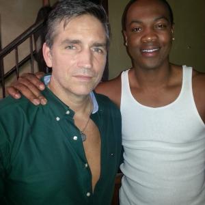 SerDarius Blain and Jim Caviezel on the set of When the Game Stands Tall