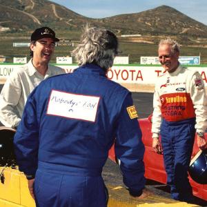 C. Van Tune, Michael Brockman (back to camera), Paul Newman, during filming of Ferrari test.