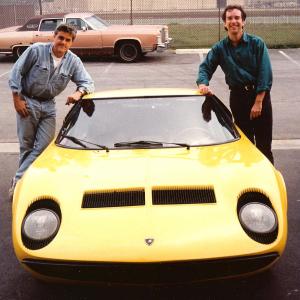 Jay Leno, C. Van Tune, at Leno's garage with his Lamborghini Miura.