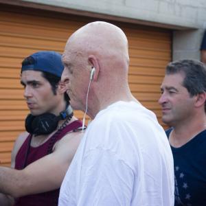 DeNucci prepping a shot with Michael Berryman and Chad A Verdi on the set of Self Storage