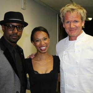 Nelsan Ellis and Nondumiso Tembe with celebrity chef Gordon Ramsay after shooting a special episode of HELLS KITCHEN for the American Cancer Society