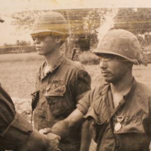 Sgt. Rigoberto Ordaz being awarded the Purple Heart Medal for wounds sustained during the Tet Offensive battles in 1968. Our Battalion commander pinned the medals to my Platoon Leader and myself. These battles and others are the subject of an upcoming b
