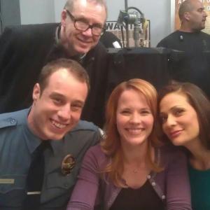 Brandon with Constance Marie and Katie Leclerc on the set of Switched at Birth