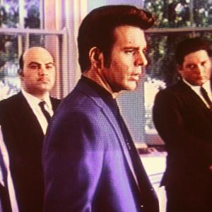 Joseph Wiseman, Jon Polito, Anthony Denison & Joe DeBartolo in a scene from Episode 10, Crime Pays from the 1986 TV show Crime Story