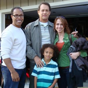On the set of LARRY CROWNE with his mom (Melissa Barker), his dad (Erik Betts) and writer, director, producer and starring two-time Academy Award winner Tom Hanks.