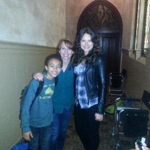 Jaden Betts (Javi), Melissa Barker (mom) and Katie Lowes (Quinn) on the set of Scandal.