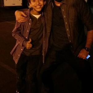 Jaden Betts as Hucks son Javi with Guillermo Diaz Huck on the set of Scandal