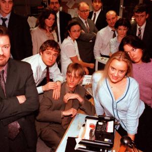 Still of Sally Bretton Oliver Chris Mackenzie Crook Lucy Davis Martin Freeman Ricky Gervais and Ewen MacIntosh in The Office 2001